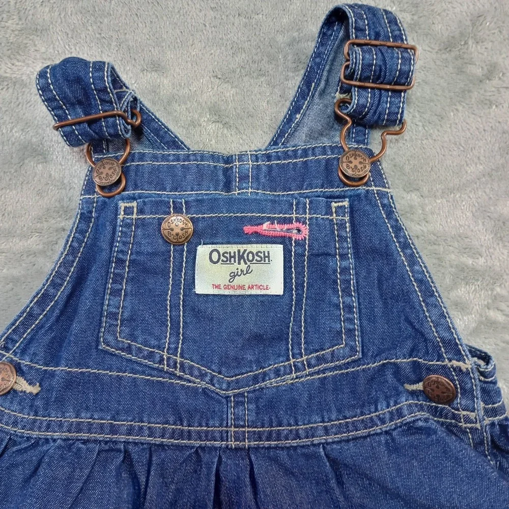 OshKosh B'gosh Overall Dress Girls 18 mos Vestbak Denim Jean Ruffles 100% Cotton